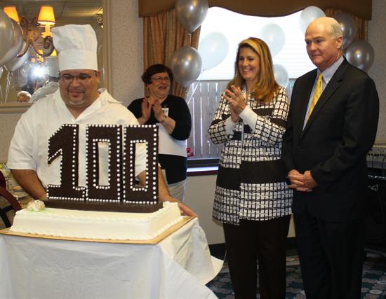 Deputy Director Serena DiMaso and Freeholder John P. Curley celebrate with Monmouth County centenarians.